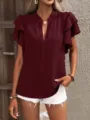 Mujer casual color sólido cuello en V doble volante manga verano blusa top en burdeos. - S / Tops / Burdeos