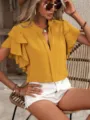 Elegante blusa superior de mujer color sólido casual cuello V doble capa volante manga - S / Tops / Amarillo Girasol