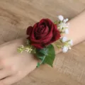 Corsage de muñeca de rosa artificial pulsera de flor de boda variante para la novia. - Corsage de Muñeca Borgoña