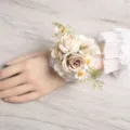 Elegant artificial wrist flower corsage with roses and lace for wedding bridesmaid party decor. - Wrist Corsage / Khaki