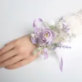 Purple artificial rose wrist corsage with white flowers and ribbons for wedding party decor. - Wrist Corsage (Type B)