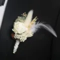 White rose dried flower boutonniere for men suit wedding party floral accessory variant - Corsage / Off White