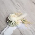 Elegant white rose boutonniere with dried flowers and feathers for wedding suit accessories. - Wrist Corsage / Off White