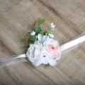 Artificial rose wrist corsage for wedding bridesmaid pink and white flower bracelet ribbon - Wrist Corsage / Light Pink