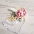 Pink artificial rose dried flower boutonniere with white lace ribbon for wedding party. - Wrist Corsage / Pink