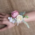 Bridal Wedding Wrist Corsage Artificial Rose Pearl Bracelet Pink White Variant - Style D (Wrist Corsage)