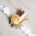 Yellow artificial rose boutonniere with natural dried flowers for wedding suit accessory SKU. - Wrist Corsage / Yellow