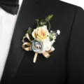Elegant groom boutonniere with artificial roses and gold ribbon for wedding ceremony. - Corsage / Blue