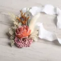 Western Wedding Groom Boutonniere Artificial Rose Dried Flower Corsage with White Ribbon - Wrist Corsage / Orange