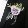 Artificial lavender rose flower corsage with silver ribbon for wedding prom party suit decor. - Style 1 (Boutonniere)