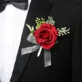 Elegant red rose boutonniere with silver ribbon for wedding prom party suit lapel decoration. - Style 4 Boutonniere