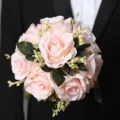 European minimalist artificial rose bridal bouquet, pink silk wedding flowers for photography. - Champagne