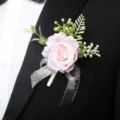 Elegant pink rose boutonniere with silver ribbon and green leaves for wedding prom party. - Style 7 Boutonniere