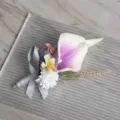 Calla lily artificial flower corsage, elegant grey ribbon wedding groom suit accessory - Purple
