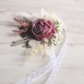 Elegant wedding boutonniere with artificial rose, dried flowers and white lace ribbon decor. - Wrist Corsage / Burgundy
