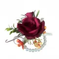 Burgundy Rose Artificial Pearl Bracelet Wedding Wrist Corsage Bridesmaid Flower Decor - Red Wrist Corsage