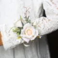 White Rose Wedding Wrist Corsage Bridal Bridesmaid Flower Bracelet Floral Hand Accessory - Beige Wrist Corsage