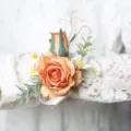 Elegant orange rose wrist corsage for wedding bridesmaids, beautiful floral bracelet accessory. - Orange Wrist Corsage
