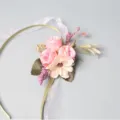 Elegant artificial pink rose wrist corsage with ribbons for wedding bridesmaid party decor. - Wrist Corsage / Sakura Pink