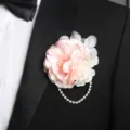 Pink artificial flower boutonniere with pearl chain for wedding groom suit decoration - Style F (Boutonniere)