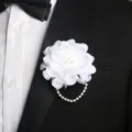 White fabric flower boutonniere with pearl chain for wedding groom groomsmen suit decor - Style G (Boutonniere)