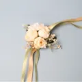Elegant artificial rose wedding corsage and wrist flower with satin ribbons for ceremony. - Wrist Corsage / Off White