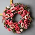 Artificial peony flower wreath for front door decor, pink faux floral hanging wall decoration. - 55-60 cm (With Berries)