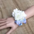 Elegant artificial white rose and blue hydrangea wrist flower for wedding bridal corsage accessory. - Style C (Wrist Corsage)