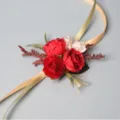 Elegant artificial red rose wrist corsage with gold ribbon for wedding bridal party decor - Wrist Corsage / Red