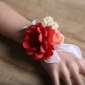 Elegant artificial red and white flower wrist corsage with ribbon for wedding bride. - Style D (Wrist Corsage)
