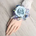 Elegant artificial blue rose wrist corsage for wedding party, prom and bridesmaid floral decor. - Blue Wrist Corsage