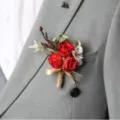 Elegant red rose boutonnière for wedding groomsmen suit lapel decoration artificial flower - Corsage / Red