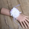 White floral wrist corsage with pearls and ribbons for wedding bridesmaid dress decoration. - Style G (Wrist Corsages)
