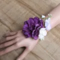 Purple wedding wrist corsage bracelet with artificial flowers and pearl band for bridal party. - Style I Wrist Corsage