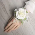 White artificial rose wrist corsage wedding bridal bridesmaid flower bracelet accessory. - White Wrist Corsage