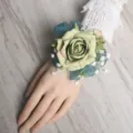 Artificial rose wrist flower wedding corsage with blue ribbon variant for bride guest. - Green Wrist Corsage