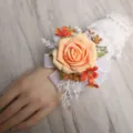 Artificial rose wrist corsage in peach with white lace cuff for wedding party events - Orange Wrist Corsage