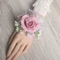Elegant artificial pink rose wrist corsage with white ribbon for wedding party decor. - Pink-Purple Wrist Corsage
