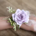 Artificial purple rose wrist corsage for wedding prom party with white ribbon and green leaves. - Style 1 (Wrist Corsages)