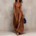 Mono sin mangas a rayas, elegante pantalón largo marrón entallado para mujer. - S / Amarillo Tierra