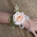 Peach artificial rose wrist corsage with green leaves and white ribbon for wedding prom. - Style 3 Wrist Corsage