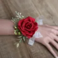 Red rose wrist corsage wedding prom bracelet flower with white ribbon artificial floral decor - Style 4 Wrist Corsage