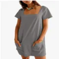 Mujer color solido cuello cuadrado manga corta vestido mini casual con bolsillos. - S / Gris