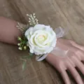 White artificial rose wrist corsage with ribbon pearls for wedding prom party graduation decor. - Style 8 Wrist Corsage