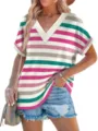 Camiseta casual de rayas para mujer, elegante top de verano multicolor con cuello en V de moda. - S / Rayado - rosa rojizo