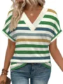 Mujer camiseta informal de rayas multicolores cuello en V y manga corta verano top. - S / Rayado - verde