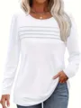 Top elegante de mujer de manga larga con cuello redondo y detalles plisados en el pecho. - L / Blanco