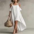 Vestido largo casual de lino y algodón blanco con tirantes para mujer, look de verano. - S / Vestidos / Blanco
