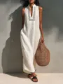 Verano blanco sin mangas calado cuello en V vestido largo, estilo resort maxi - S / Blanco