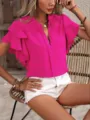 Blusa de verano para mujer de color sólido con doble volante y cuello en V detalle. - Rosa rojo